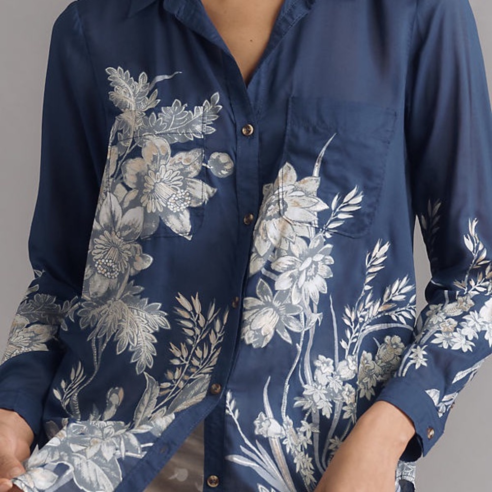 Anthropologie Pilcro XS Floral Navy Blue Women's Top - Picture 2 of 4